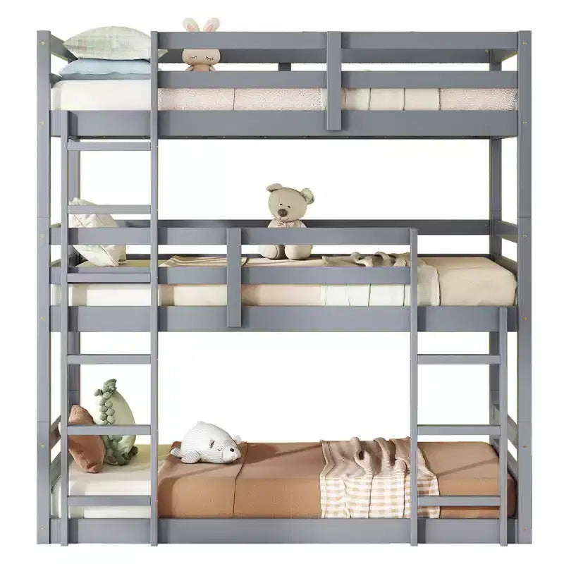 Lit superposé triple en bois d'hévéa avec 2 échelles intégrées et garde-corps pleine longueur, détachable, gris