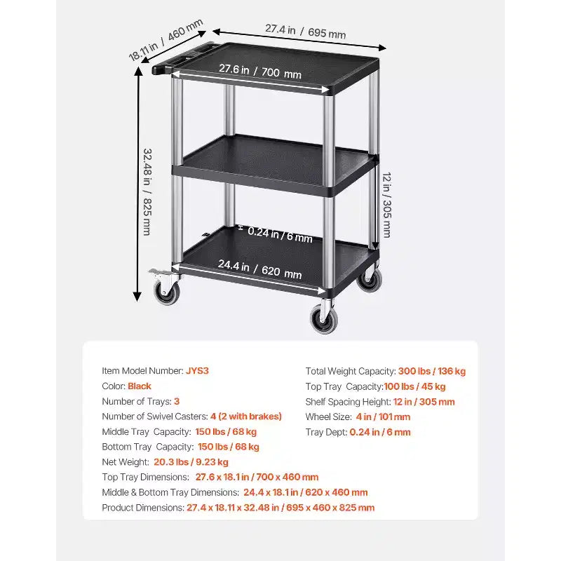 Chariot de service robuste à 3 niveaux, capacité de 136 kg, chariot de service de 70 x 46 cm, roues pivotantes à 360°, noir