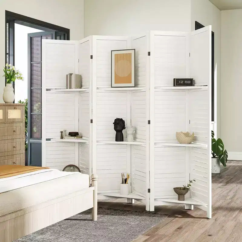 Séparateur de pièce pliant en bois à 6 panneaux et 3 étagères de 170 cm de haut pour chambre à coucher