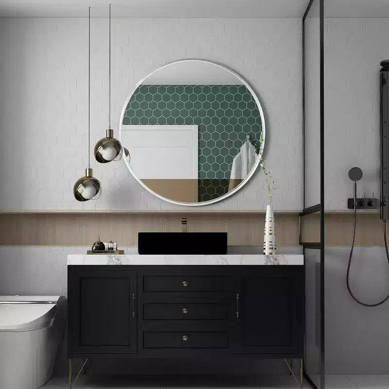Miroir mural rond de 32 pouces avec cadre en aluminium, verre trempé, pour salle de bain et chambre à coucher