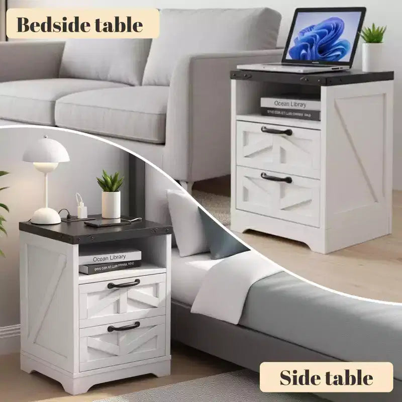 Table de chevet moderne de style ferme avec hub de recharge USB - Table de chevet industrielle blanche à 2 tiroirs, élégante table d'appoint compacte avec rangement et ports de charge
