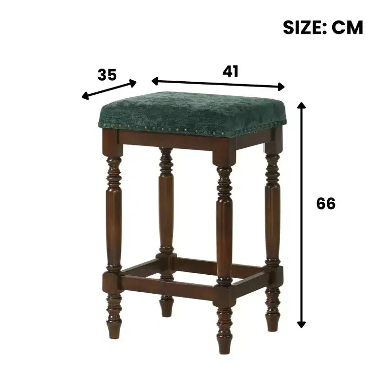 Tabourets de comptoir rustiques en bois de 66 cm avec siège en tissu et garniture cloutée, style ferme — lot de 2