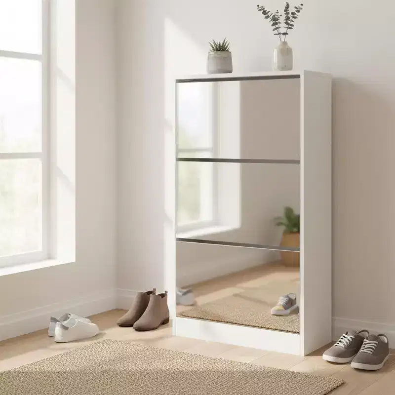 Meuble à chaussures fin avec miroir pleine longueur, 3 tiroirs basculants, blanc, peut contenir 18 paires