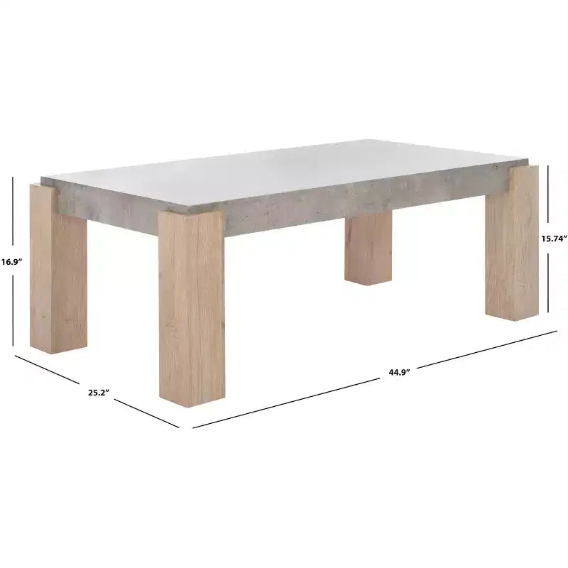 Table basse rectangulaire avec plateau en placage gris clair et pieds en bois naturel, étagère ouverte