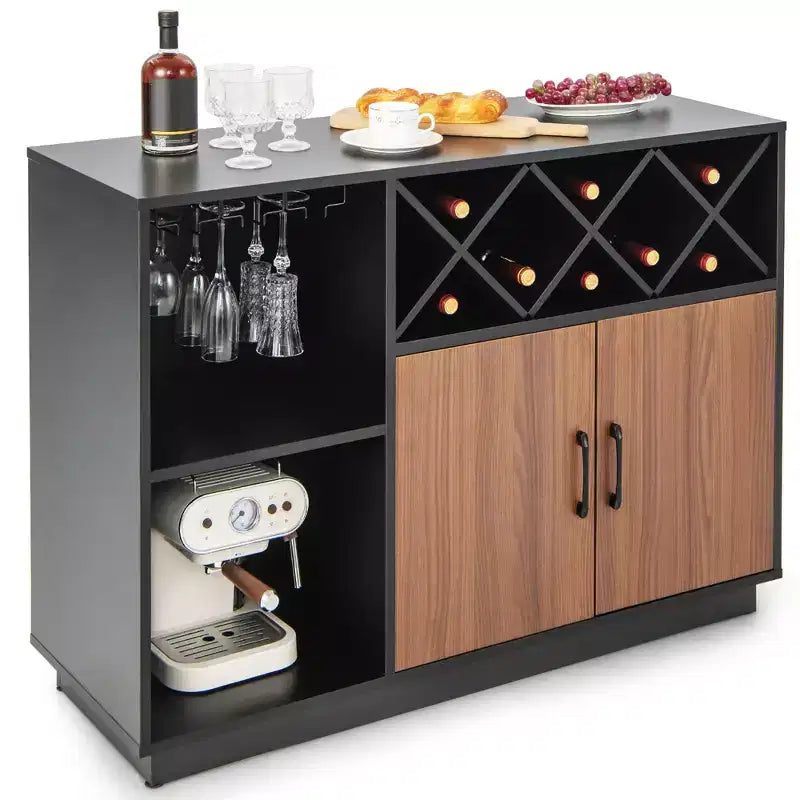 Meuble de bar à vin industriel, buffet avec support en verre et étagère réglable, 115,5 cm L x 81 cm H