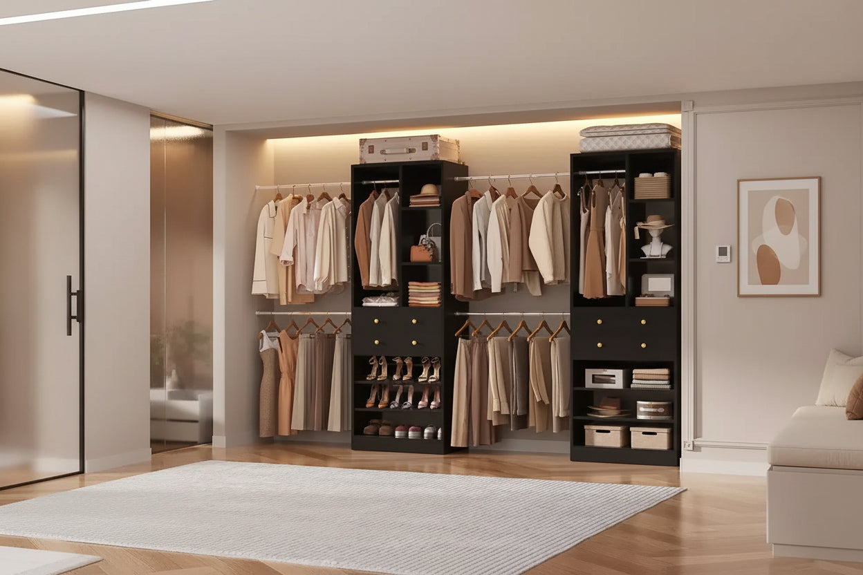 Besiost Freestanding Closet Storage System with Shoes Shelf and Hanging Rods, Walk-In Closet Organizer with Drawers