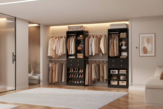 Besiost Freestanding Closet Storage System with Shoes Shelf and Hanging Rods, Walk-In Closet Organizer with Drawers