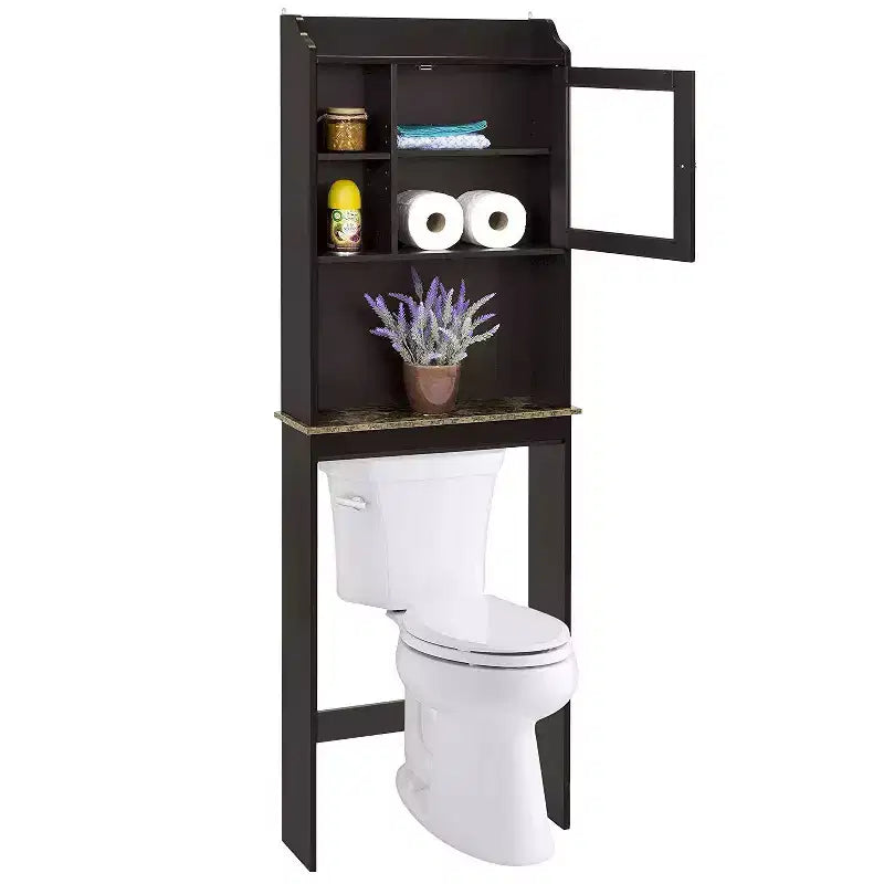 Meuble de salle de bain au-dessus des toilettes, armoire de rangement de salle de bain avec portes en verre et étagères réglables, armoire de rangement au-dessus des toilettes