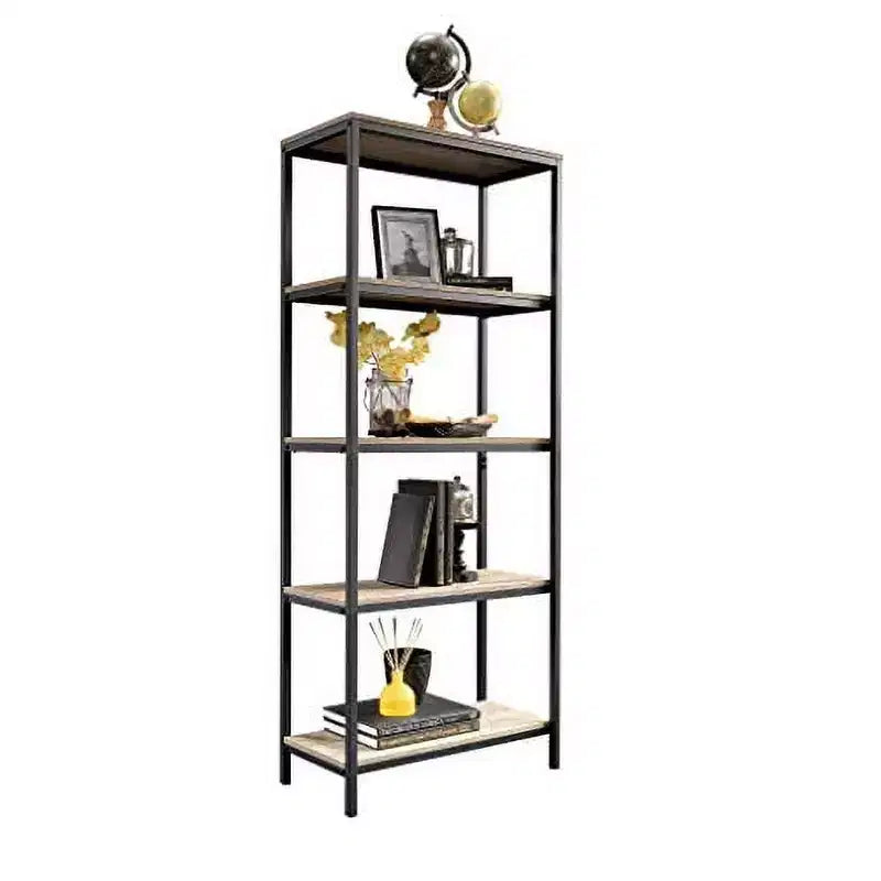 Bibliothèque verticale haute avec 3 étagères ouvertes, finition chêne, cadre en métal noir, 165 cm H x 66 cm l