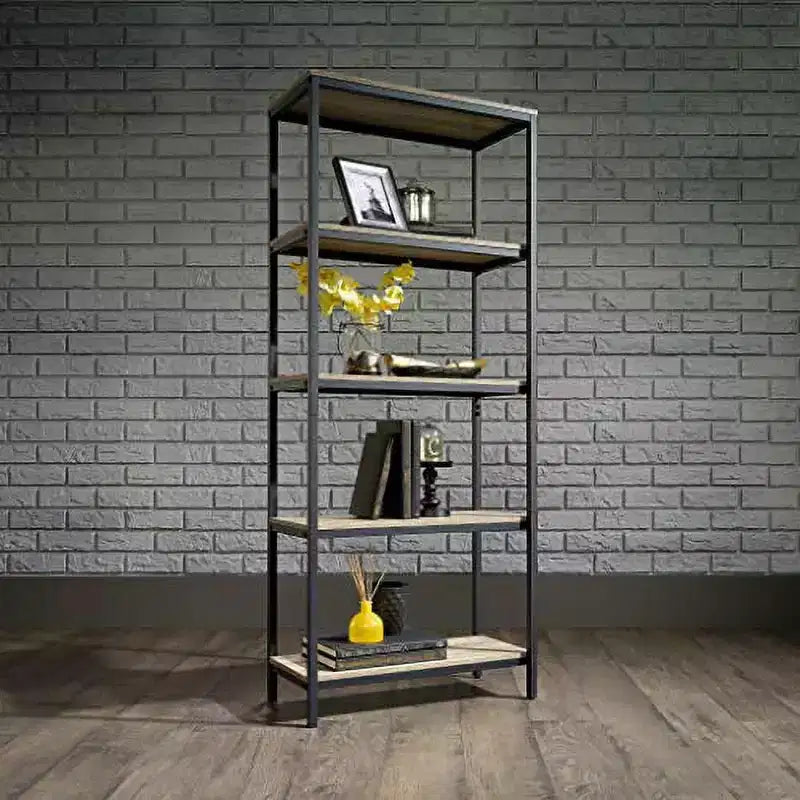 Bibliothèque verticale haute avec 3 étagères ouvertes, finition chêne, cadre en métal noir, 165 cm H x 66 cm l