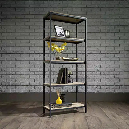 Bibliothèque verticale haute avec 3 étagères ouvertes, finition chêne, cadre en métal noir, 165 cm H x 66 cm l