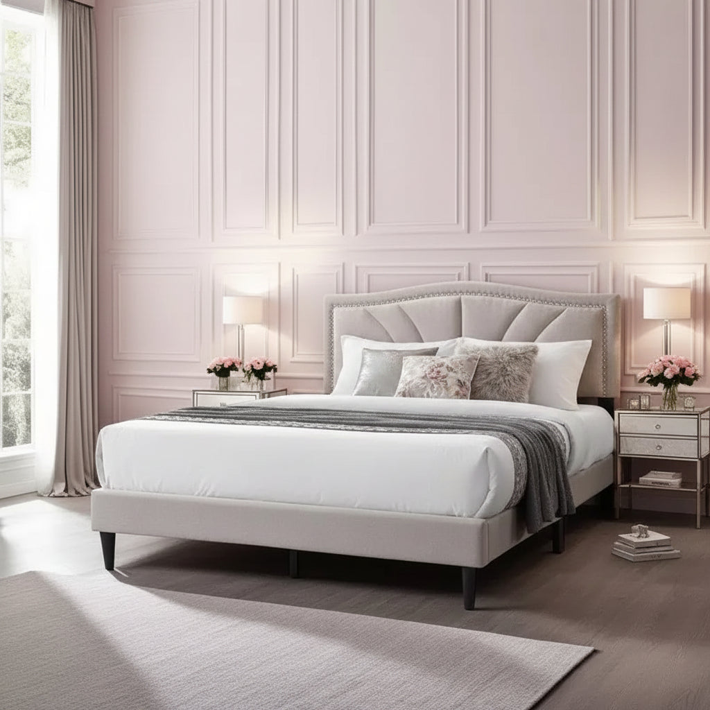 Royal Hampton Queen Size Bed, Light Brown Burlap Upholstered Curved Headboard