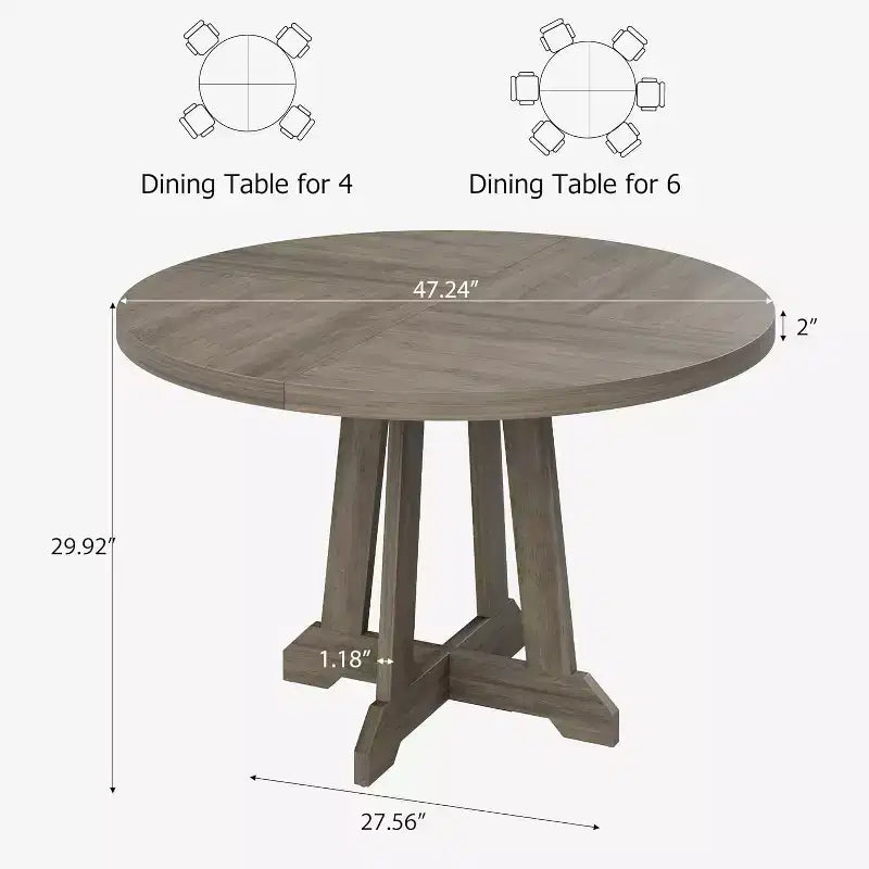 Table à manger ronde pour 4 personnes, table de cuisine circulaire en bois de 119 cm avec pieds robustes pour salle à manger, cuisine, gris