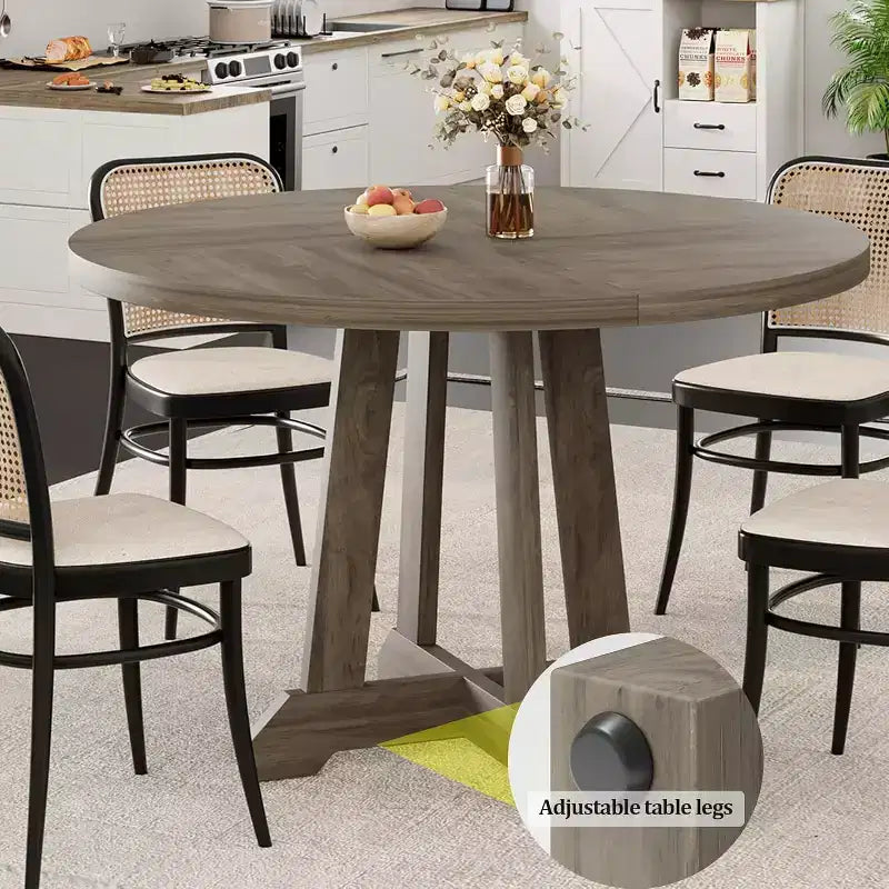 Table à manger ronde pour 4 personnes, table de cuisine circulaire en bois de 119 cm avec pieds robustes pour salle à manger, cuisine, gris