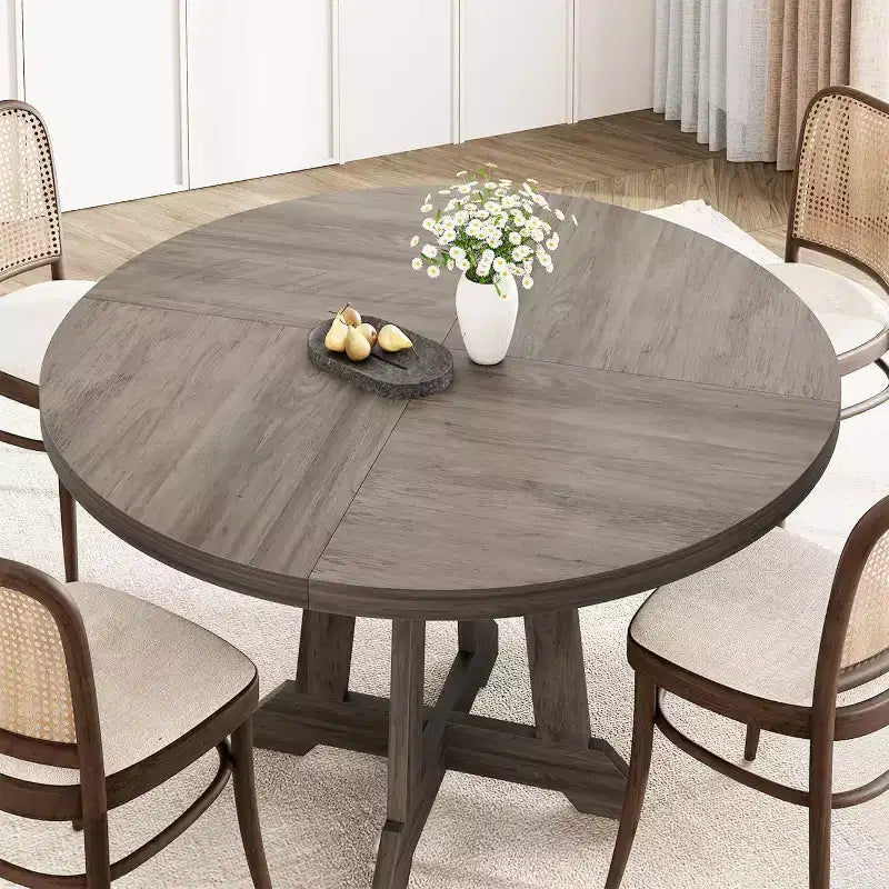 Table à manger ronde pour 4 personnes, table de cuisine circulaire en bois de 119 cm avec pieds robustes pour salle à manger, cuisine, gris