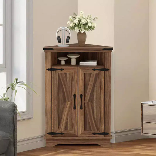 Corner Storage Cabinet with Barn Door, Farmhouse Style Corner Cabinet with Adjustable Shelves, Storage Cabinet for Living Room, Bathroom, Kitchen