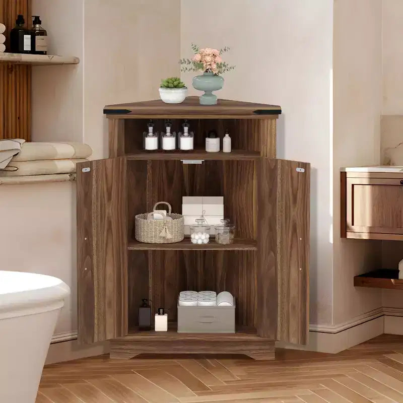 Meuble de rangement d'angle de style rustique avec doubles portes de grange et étagères réglables, 15"P x 22"L x 32"H