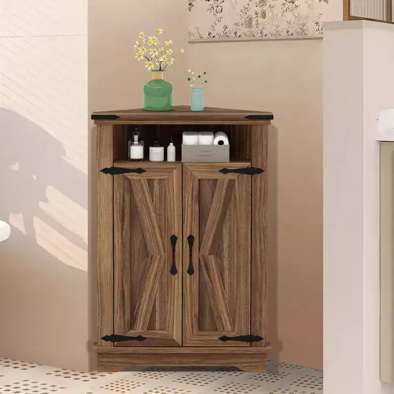 Meuble de rangement d'angle de style rustique avec doubles portes de grange et étagères réglables, 15"P x 22"L x 32"H