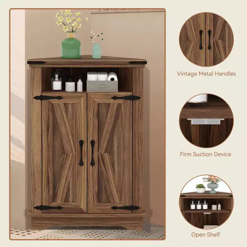 Meuble de rangement d'angle de style rustique avec doubles portes de grange et étagères réglables, 15"P x 22"L x 32"H