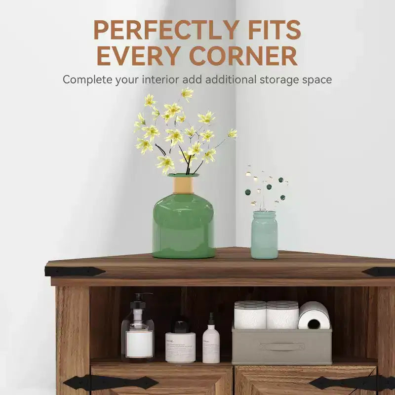 Meuble de rangement d'angle de style rustique avec doubles portes de grange et étagères réglables, 15"P x 22"L x 32"H