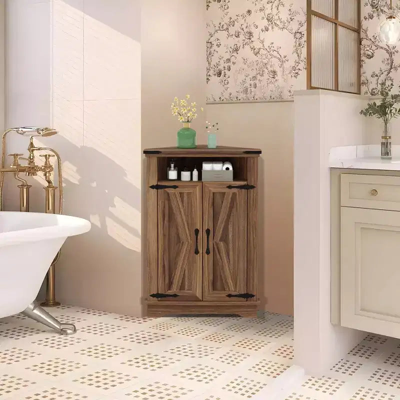 Meuble de rangement d'angle de style rustique avec doubles portes de grange et étagères réglables, 15"P x 22"L x 32"H