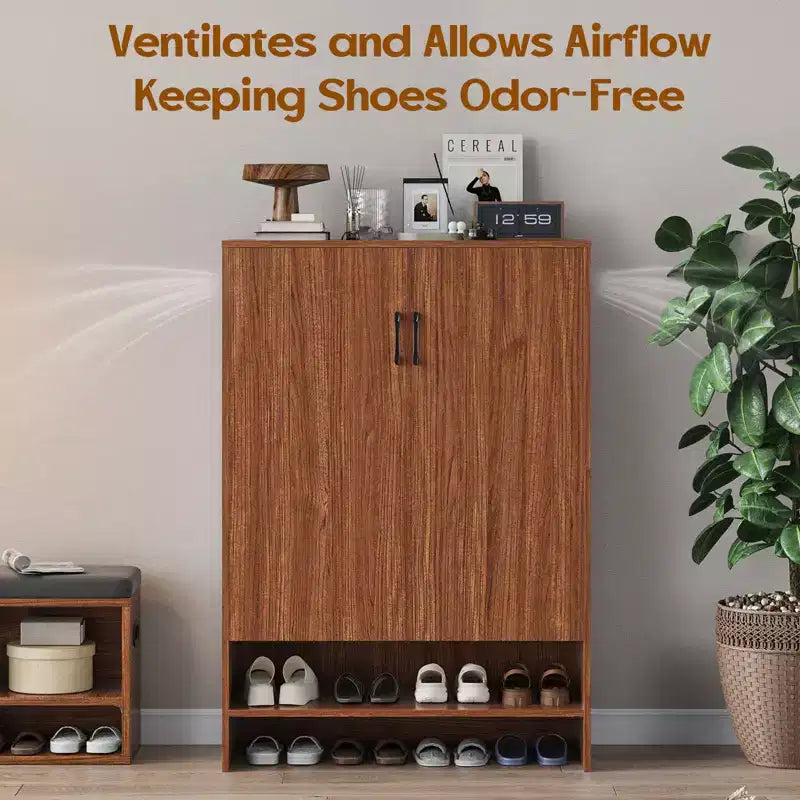 Okak Meuble à Chaussures Étroit en Bois Mid-Century avec Portes, Étagère à Chaussures Autonome à 7 Niveaux pour Couloirs, Entrées