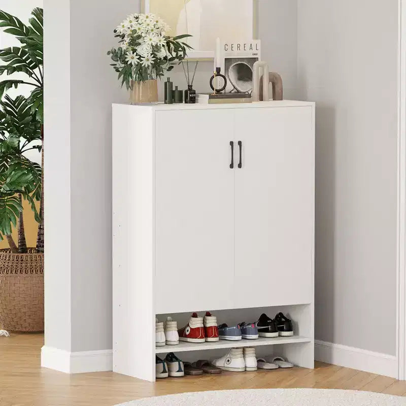Okak Meuble à Chaussures Étroit en Bois Mid-Century avec Portes, Étagère à Chaussures Autonome à 7 Niveaux pour Couloirs, Entrées