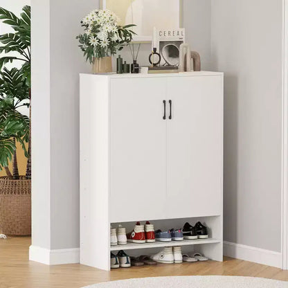 Okak Meuble à Chaussures Étroit en Bois Mid-Century avec Portes, Étagère à Chaussures Autonome à 7 Niveaux pour Couloirs, Entrées