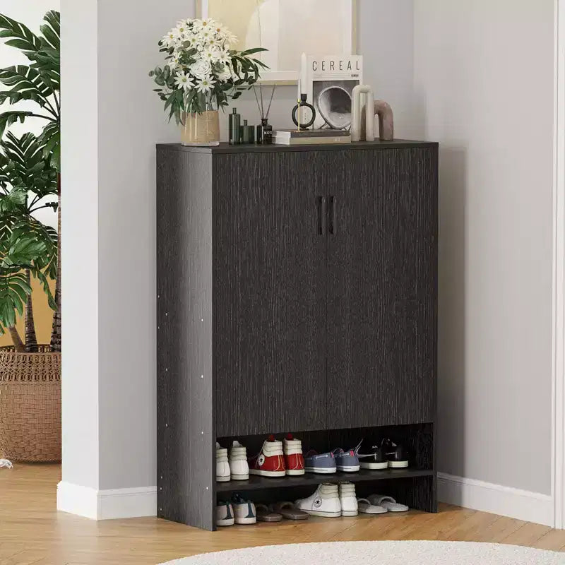 Okak Meuble à Chaussures Étroit en Bois Mid-Century avec Portes, Étagère à Chaussures Autonome à 7 Niveaux pour Couloirs, Entrées