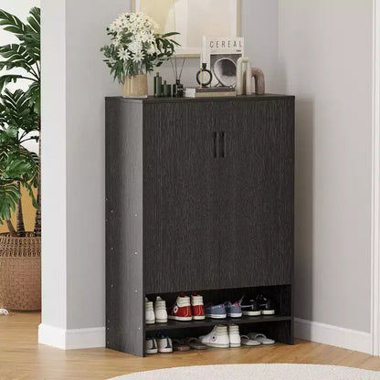 Okak Meuble à Chaussures Étroit en Bois Mid-Century avec Portes, Étagère à Chaussures Autonome à 7 Niveaux pour Couloirs, Entrées