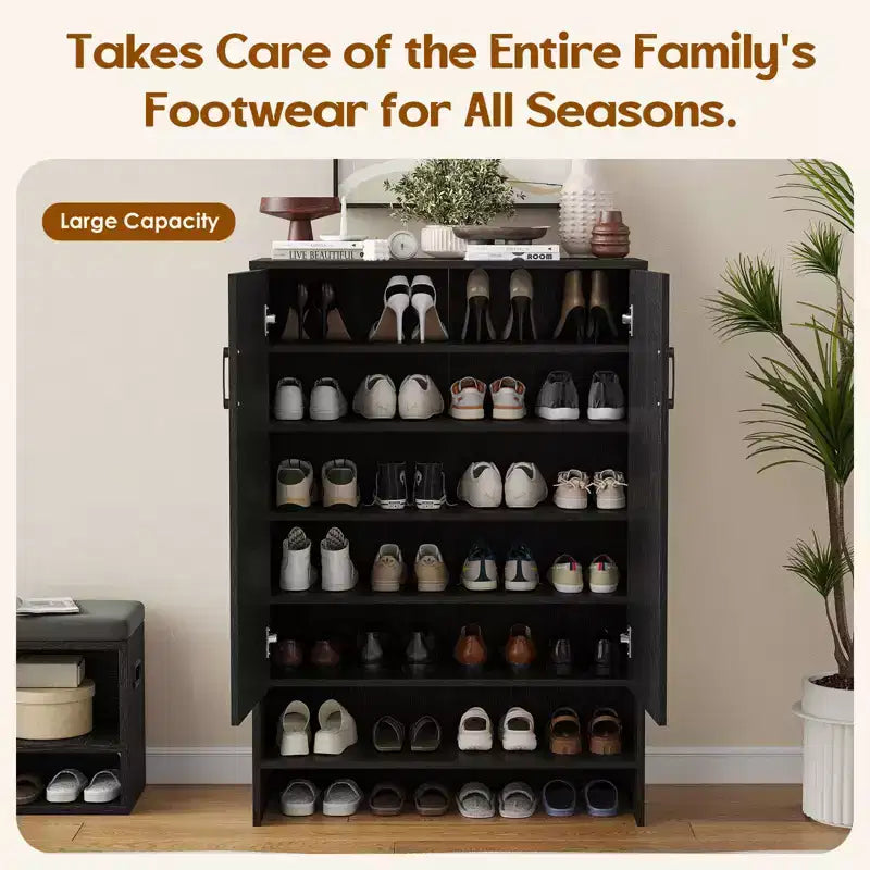 Okak Meuble à Chaussures Étroit en Bois Mid-Century avec Portes, Étagère à Chaussures Autonome à 7 Niveaux pour Couloirs, Entrées