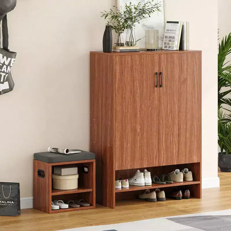 Okak Meuble à Chaussures Étroit en Bois Mid-Century avec Portes, Étagère à Chaussures Autonome à 7 Niveaux pour Couloirs, Entrées