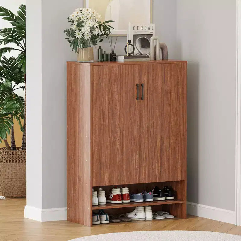 Okak Meuble à Chaussures Étroit en Bois Mid-Century avec Portes, Étagère à Chaussures Autonome à 7 Niveaux pour Couloirs, Entrées