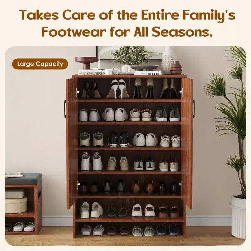 Okak Meuble à Chaussures Étroit en Bois Mid-Century avec Portes, Étagère à Chaussures Autonome à 7 Niveaux pour Couloirs, Entrées