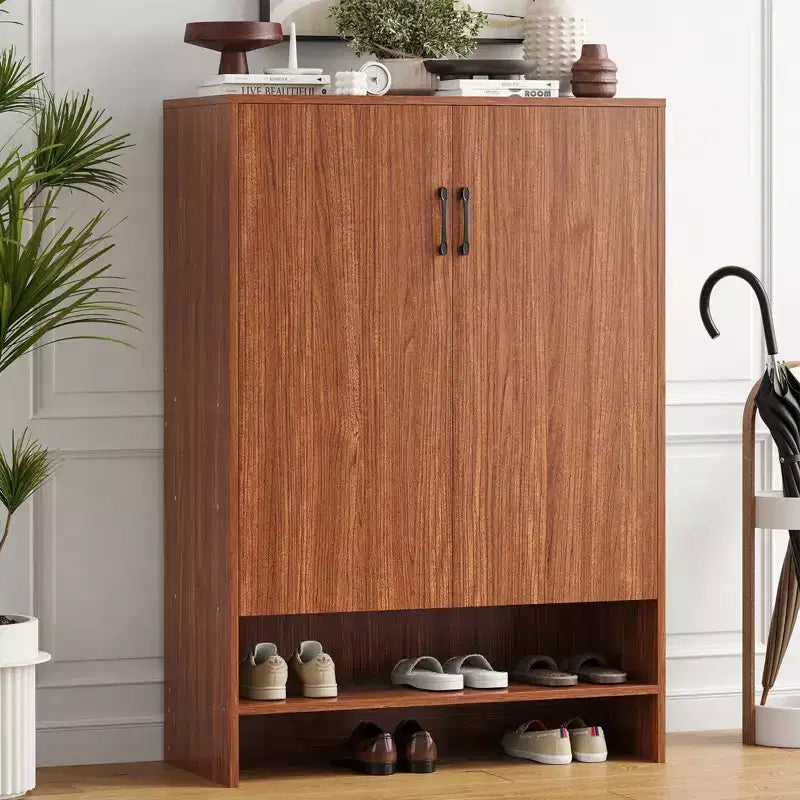 Okak Meuble à Chaussures Étroit en Bois Mid-Century avec Portes, Étagère à Chaussures Autonome à 7 Niveaux pour Couloirs, Entrées