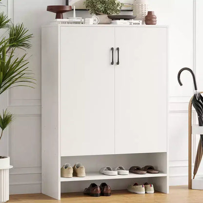 Okak Meuble à Chaussures Étroit en Bois Mid-Century avec Portes, Étagère à Chaussures Autonome à 7 Niveaux pour Couloirs, Entrées