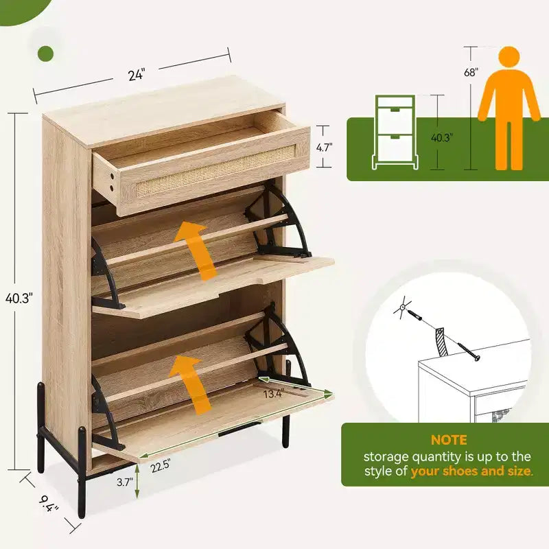Meuble à chaussures en rotin avec 3 tiroirs, avec compartiments rabattables et tiroir, organisateur de chaussures autoportant en bois 24 paires, avec étagères réglables