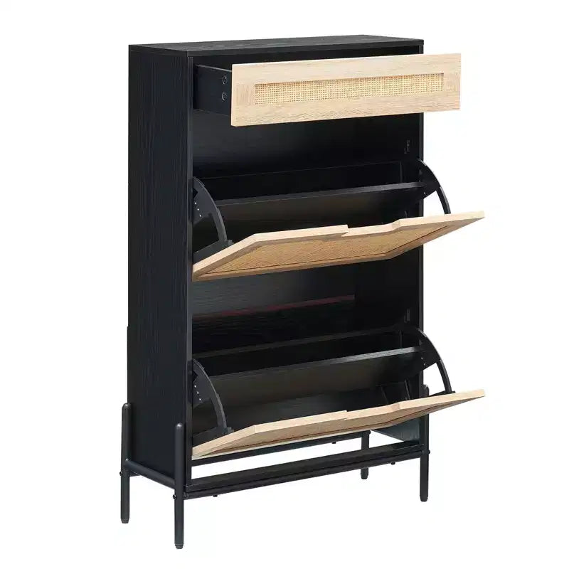 Rattan Shoe Cabinet Storage with 3 Drawers, with Flip-Down Compartments and Drawer, 24 Freestanding Shoe Organizer Wooden, with Adjustable Shelves