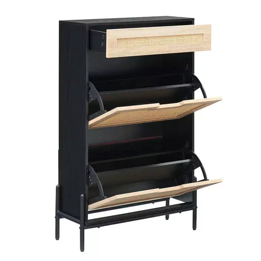 Rattan Shoe Cabinet Storage with 3 Drawers, with Flip-Down Compartments and Drawer, 24 Freestanding Shoe Organizer Wooden, with Adjustable Shelves