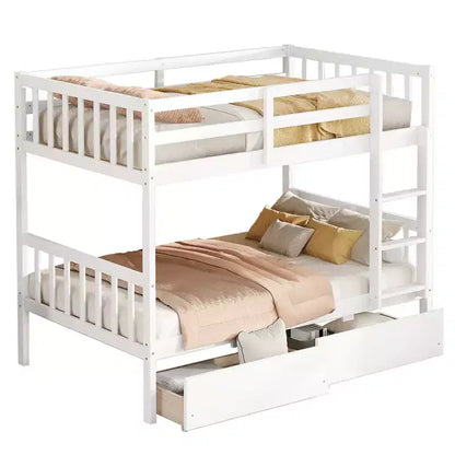 Lit superposé double en hévéa avec 2 tiroirs de rangement, convertible en 2 lits jumeaux, échelle et barrières de sécurité, blanc