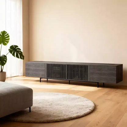 Meuble TV moderne noir de 240 cm (94,48") avec étagères réglables, charnières à fermeture douce et trous passe-câbles, pieds en métal