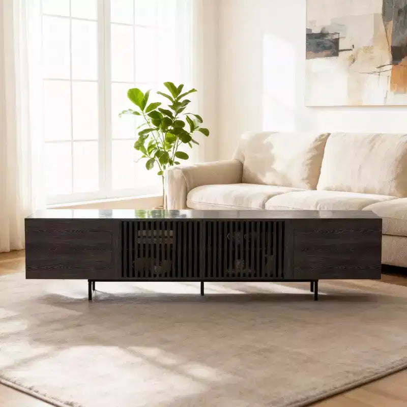 Meuble TV moderne noir de 240 cm (94,48") avec étagères réglables, charnières à fermeture douce et trous passe-câbles, pieds en métal
