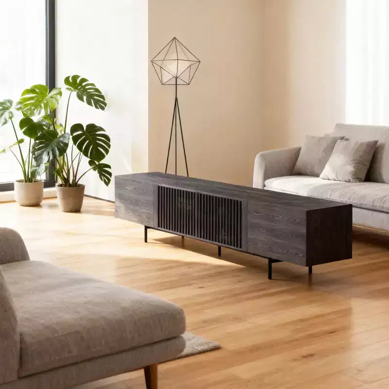 Meuble TV moderne noir de 240 cm (94,48") avec étagères réglables, charnières à fermeture douce et trous passe-câbles, pieds en métal
