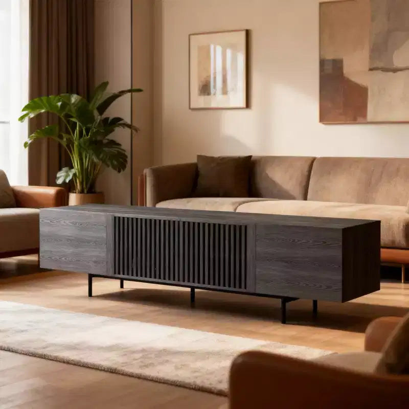 Meuble TV moderne noir de 240 cm (94,48") avec étagères réglables, charnières à fermeture douce et trous passe-câbles, pieds en métal