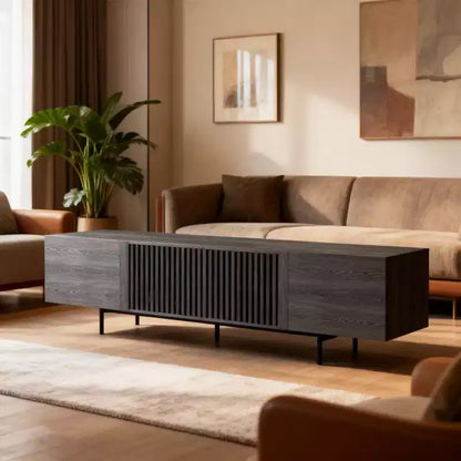 Meuble TV moderne noir de 240 cm (94,48") avec étagères réglables, charnières à fermeture douce et trous passe-câbles, pieds en métal