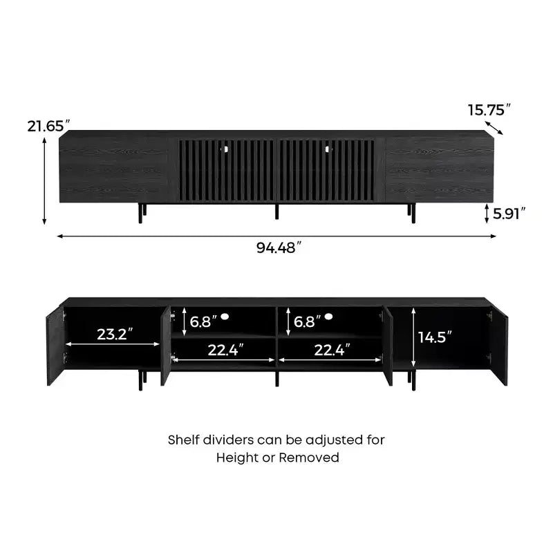 Meuble TV moderne noir de 240 cm (94,48") avec étagères réglables, charnières à fermeture douce et trous passe-câbles, pieds en métal