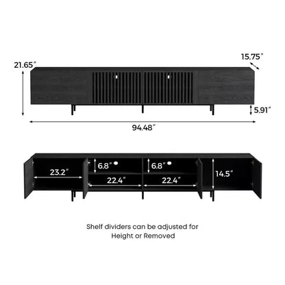 Meuble TV moderne noir de 240 cm (94,48") avec étagères réglables, charnières à fermeture douce et trous passe-câbles, pieds en métal