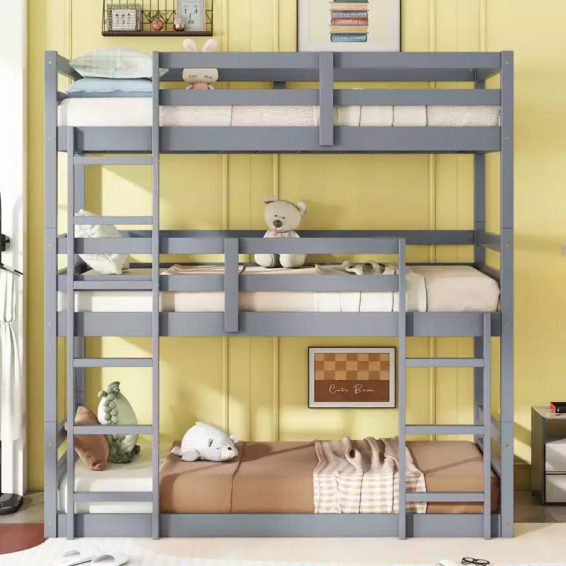 MAYEERTY Triple Rubber Wood Bunk Bed with Two Built in Ladders Guardrails Detachable Triple Twin Bunk Bed Gray