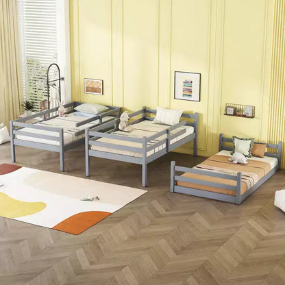 Lit superposé triple en bois d'hévéa avec 2 échelles intégrées et garde-corps pleine longueur, détachable, gris