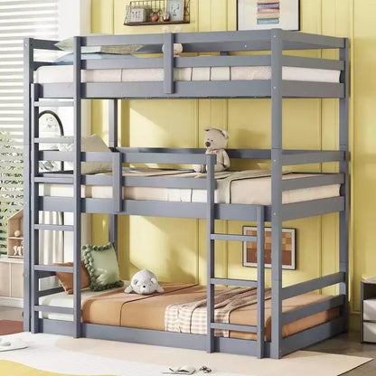 Lit superposé triple en bois d'hévéa avec 2 échelles intégrées et garde-corps pleine longueur, détachable, gris
